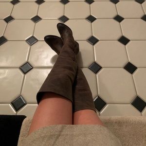 Genuine leather brown thigh high heeled boots